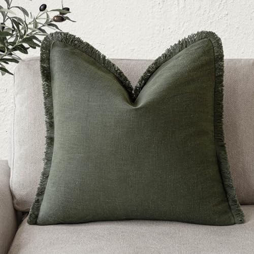 Foindtower Decorative Linen Fringe Throw Pillow Covers Cozy Boho Farmhouse Cushion Cover with Tassels Soft Accent Pillowcase for Chair Sofa Bed Living Room Home Decor, 16×16 Inch, 1PC,Dark Olive Green - color: Rifle Green, size: 16" x 16" (Pack of 1)