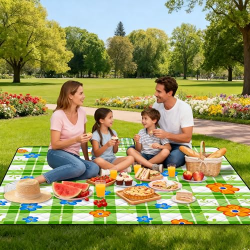 Extra Large Picnic Blanket Waterproof,80"x 80"Foldable Machine Washable Beach Blanket,Outdoor Blanket for 6-8 Adults,Suitable for Indoor Crawling,Park Beach,Camping,Hiking,Family Travel(Green) - color: Green Tile, size: 6'8" x 6'8" (Square)