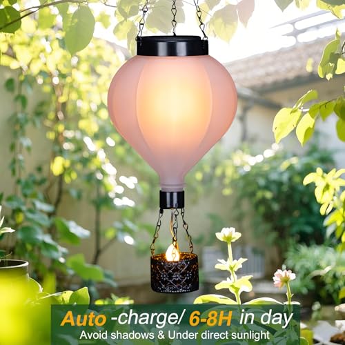 Hanging Solar Lantern Outdoor Garden Decor Hot Air Balloon Lantern with Flickering Flame Gifts for Women Grandma Mom Outdoor Hanging Light Solar Decorative Lamp for Garden Patio Yard and Home - color: White