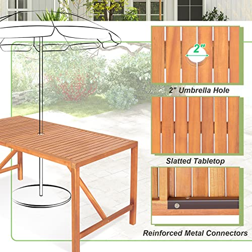 Tangkula 55" Acacia Wood Outdoor Dining Table for 4-6 Person, Rectangular Patio Dining Table with 2" Umbrella Hole and Support Bars, Indoor Outdoor Dining Furniture for Deck, Garden, Poolside & Yard - size: 55"