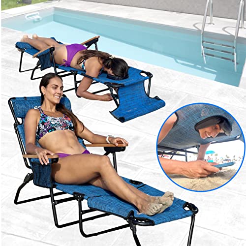 EASYGO PRODUCTS FLIP Face Down Tanning Chaise Lounge Chair with Face & Arm Holes - 4 Legs Support - Textilene Material - 6 Position - Arm Head Rest Pillow - Beach or Home Use - color: Flip Blue