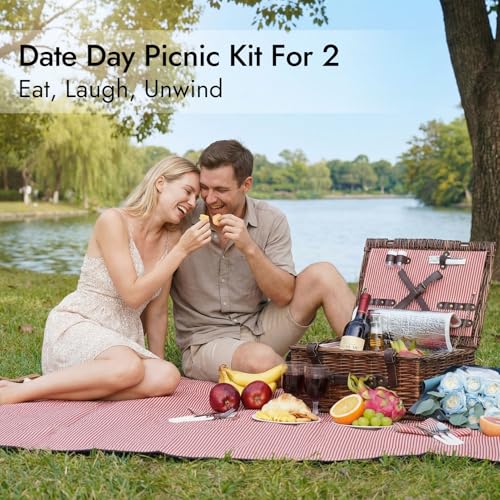 Picnic Basket Set for 2 Persons with Cooler and Waterproof Picnic Blanket, Classical Wicker Picnic Baskets with Waterproof & Sand-Proof Beach Mat,Willow Hamper Service Gift Set - size: 15.45" for 2 Persons With Cooler