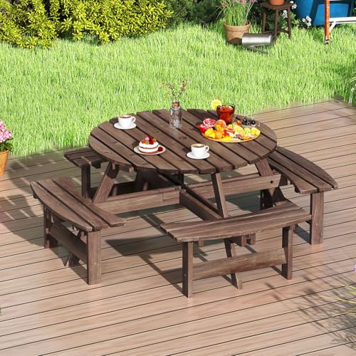 Giantex 8-Person Round Picnic Table Set with 4 Benches, 550 LBS Bench Capacity, 2" Umbrella Hole, Circular Outdoor Wood Dining Table & Chairs for Patio Yard Garden Porch Deck (71”x71”x28”,Brown) - color: Brown, size: 71”x71”x28”