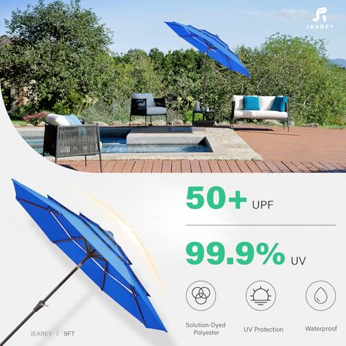 JEAREY 9FT 3 Tier Patio Umbrella Outdoor Market Umbrella Table Umbrellas with 8 Ribs 1.5 Pole Push Button Tilt and Crank UV Protection for Garden,Royal Blue - color: Royal Blue