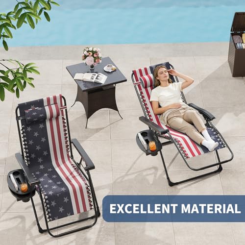 Garvee Zero Gravity Chair Set of 2, Patio Lounge Chair Outdoor with Pillow & Cup Holder Tray, Adjustable Reclining Chair, Folding Portable Camping Chair for Deck, Beach, Yard, Garden - color: American Flag