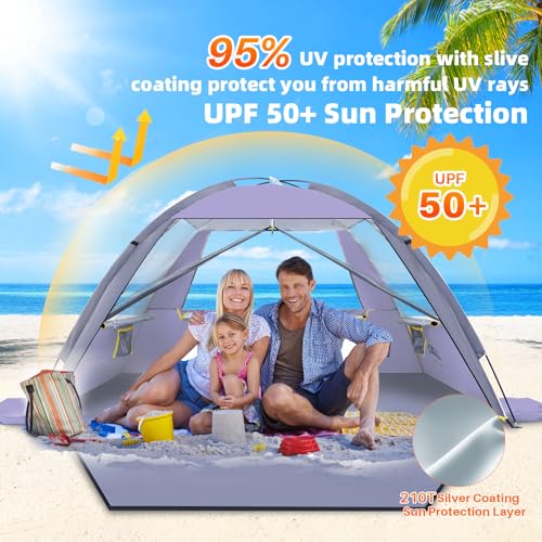 Happy Travel Beach Tent, UPF 50+ UV Protection Sun Shade Shelter for 3/4/5/6/7/8 Person, Portable Beach Canopy for Family & Baby, Lightweight & Easy Setup Beach Cabana with 3 Ventilation Mesh Windows - color: Purple, size: 3 Person