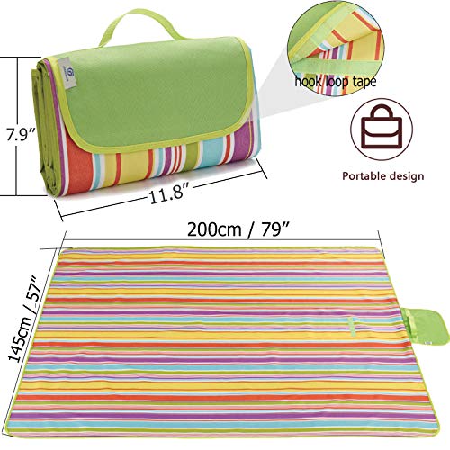 Beach Blanket Extra Large Picnic Blanket Outdoor Blanket Waterproof Sand Free Oversized Camping Mat Foldable Portable Handy Tote for Travel Sports Home Yoga Park Grass Lawn, 79"x57" - color: Colorful Line