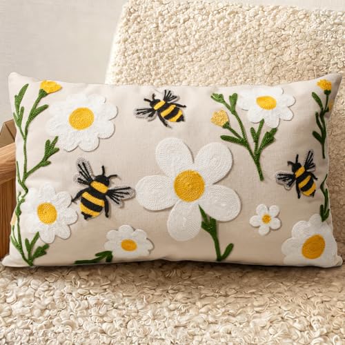 Embroidered Lumbar Pillow Cover 20x12 Inch - Spring Summer Boho Decorative Pillow Cover with Zipper for Living Room Couch Sofa Bed Aesthetic Design Flower Bee Cushion Pillowcase - color: Flower Bee, size: 20" x 12" (Pack of 1)