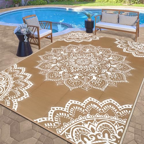 Yamaziot Waterproof Outdoor Rug 9x12 ft, Reversible Plastic Straw Rug for Patio Clearance, Camping, RV Mat, Large Outside Rug Carpet for Porch, Deck, Backyard, Balcony, Picnic (Brown) - color: Brown, size: 9' x 12'