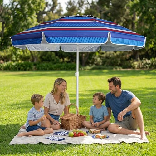 LOTTAFUN 6.5ft Beach Umbrella - Heavy Duty Wind Resistant UV 50+ Portable Sun Shade with Sand Anchor & Carry Bag, Outdoor Folding Umbrella for Beach, Pool, Patio, Garden (Blue color strip) No Tilt - color: Blue color strip