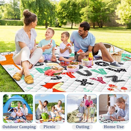 Poedist Extra Large Picnic Blanket Waterproof,80"x 80"Foldable Machine Washable Beach Blanket,Outdoor Blanket for 6-8 Adults,Suitable for Indoor Crawling,Park Beach,Camping,Hiking,Family Travel(ABC) - color: White Abc Letters, size: 6'8" x 6'8" (Square)