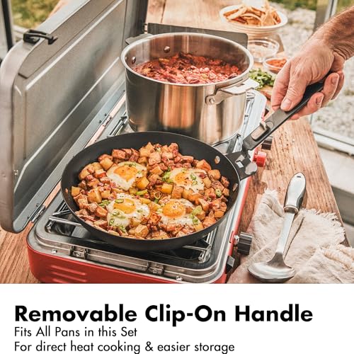 OXO Outdoor 8 Piece Camping Cookware Set, 10" Pre-Seasoned Carbon Steel Frying Pan Skillet, 2.25QT and 5QT Stainless Steel Saucepans with Lids, Removeable Handle, Trivet, Travel Bag, Space-Saving - size: 8 Piece Cookware Set