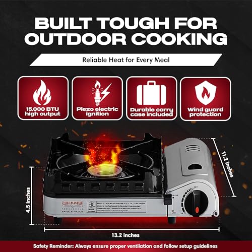 Chef Master 15,000 BTU Butane Portable Camp Stove + 4x 8oz Butane Canisters | Double Wind-Guard Portable Stove Burner w/Piezo Ignition for Emergencies, Tailgating, Hiking & Camping Essentials - 90019 - size: Stove&Fuel