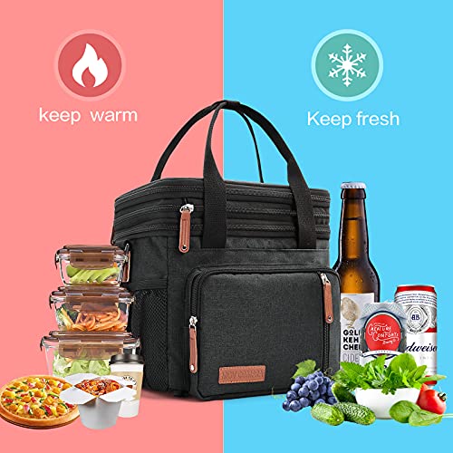 MOV COMPRA Lunch Bags for Men Women, Black Adult Lunch Box for Work, Expandable Leakproof Double Deck Lunch Box Cooler Tote Bag with Removable Shoulder Strap（Black） - color: Black