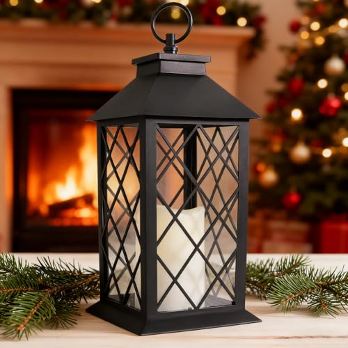 13.5" Black Vintage Candle Lantern with LED Pillar Candle and Timer - IP44 Waterproof Outdoor Decorative Hanging Lantern Porch Light - color: [1-pack] Textured Black Lantern - White Candle
