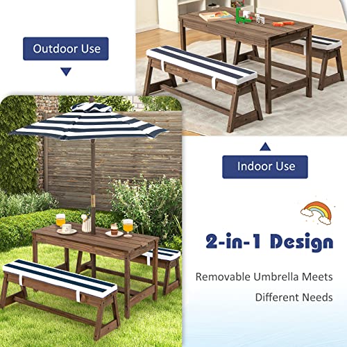 KOTEK Kids Picnic Table with Umbrella Foldable, Backyard Wooden Table & Bench Set w/Removable Cushions, Activity Art Play Table, Indoor Outdoor Toddler Picnic Table for Patio, Lawn & Garden (Blue) - color: Blue