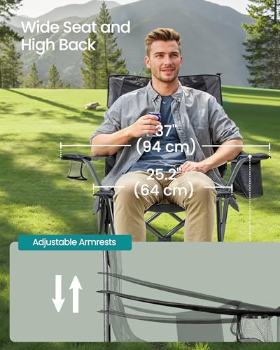 SONGMICS Camping Chair, Folding Oversized Chair, Comfortable and Heavy-Duty, 352 lb Weight Capacity, Adjustable Armrests with Cooler Bag, Storage Bag, Breathable Mesh, Ink Black UGCB060B01 - color: Black, style: 1PC (24.8"D x 37"W x 38.6"H)
