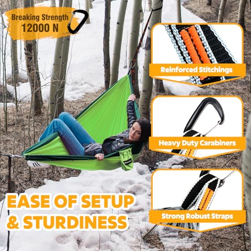 NATUREFUN Ultra-Light Travel Camping Hammock | 300kg Load Capacity,Breathable,Quick-Drying | 2 x Premium Carabiners,2 x Nylon Slings Included | Outdoor Indoor Garden - color: Light Green/Dark Green, size: 300x200cm