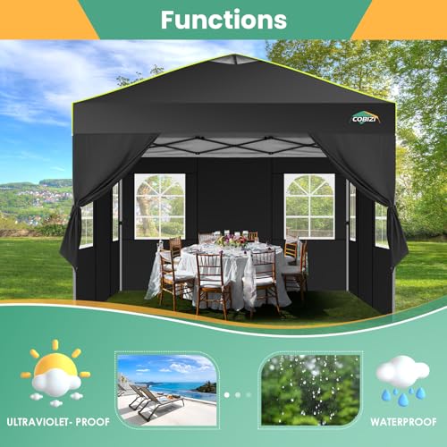 COBIZI 10x10 Pop Up Canopy Tent, Outdoor Party Tent with 4 Sidewall One Push Setup Glow, 3 Adjustable Height Air Vent Waterproof UPF50+, Bag, 4 Sandbag, 8 Stake, 4 Rope for Beach, Commercial - color: Black, size: 10x10 With 4 Sidewalls