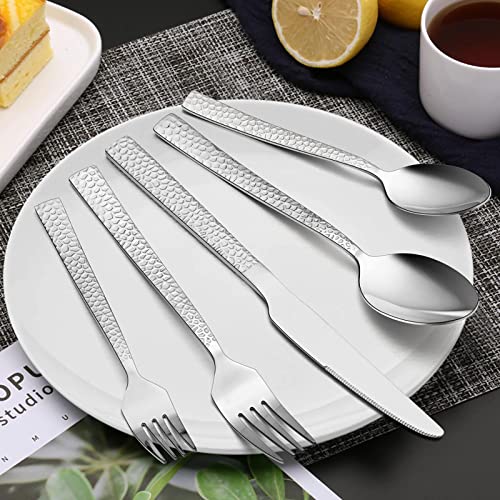 E-far 80-Piece Hammered Silverware Set, Stainless Steel Square Flatware Set Service for 16, Tableware Cutlery Set Includes Forks Spoons Knives, Modern Design & Mirror Polished - Dishwasher Safe - size: 80-Piece for 16