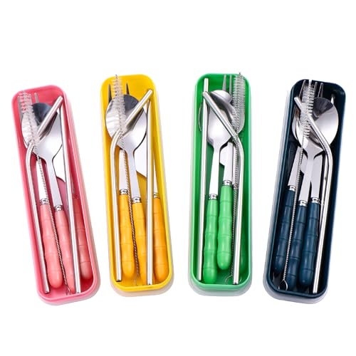4 Colors Portable Travel Utensils with Case, Reusable Stainless Steel Cutlery Include Knife Fork Spoon Straw for Travel Camping Office