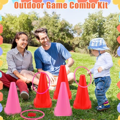 33Pcs Large 4 in 1 Valentines Day Games for Kids with Ring Toss, Plastic Cones, Bean Bags, 3-Legged Race Bands, Carnival Valentine's Games Activity Combo Set for Classroom Indoor Outdoor Party Yard - color: Valentine's Pink-Large