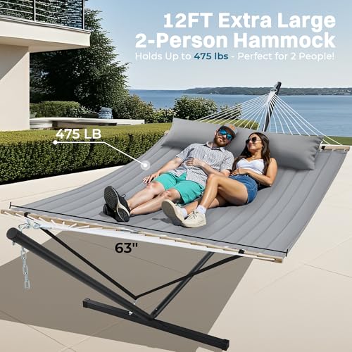 SUPERJARE Hammock with Stand, 2 Person Quilted Outdoor Hammock, Detachable Pillow & Bamboo Spreaders, Portable Hammock with Carrying Bag, Heavy Duty Stand, Perfect for Outside, Patio, Gray - color: Grey, size: 62.9"w × 78.7''d × 43.3''h