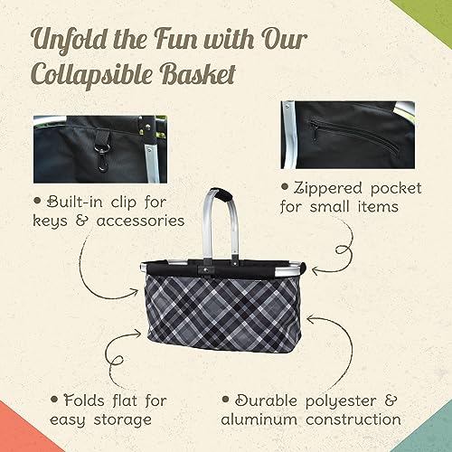 Picnic Basket for Camping - Collapsable Picnic Basket for Picnics, Grocery, & Festivals - Sturdy Food Picnic Basket with Zipper Pocket & Built-in Clip - 16” x 17” Scenic Sunset Basket, Camp Casual