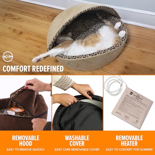 K&H Pet Products Thermo-Kitty Bed Deluxe Heated Cat Bed for Smaller Kitties - Indoor Heated Pet Bed for Dogs & Cats, Covered Cave Pet Tent, Machine Washable, Safety Listed - Small 16in Tan/Leopard - color: Tan, size: Small 16 Inches 4 Watts