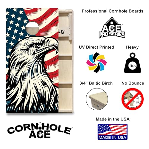 CornholeAce ACE PRO American Flag Cornhole Board Set - No Bounce! Triple Wide Legs, 3/4" Baltic Birch Plywood, Handles, Regulation Size (4x2ft), Tournament Style, Made in USA - color: Soaring Patriot