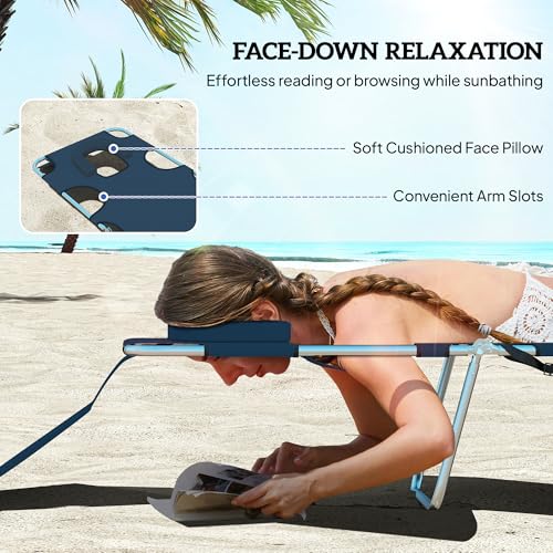 Outsunny Chaise Lounge Chair Outdoor with Face Arm Hole, 5-Position Reclining Face Down Tanning Chair with Carry Strap, Side Pocket, Portable Folding Bed Cot for Patio Beach Pool, Dark Blue - color: Dark Blue, size: 1 Piece