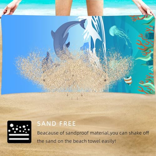 Beach Towel for Adults Dolphin and Ocean Life Design Lightweight Quick Dry Blanket Poolside Vacation Travel Outdoor Summer - color: Dolphin Print