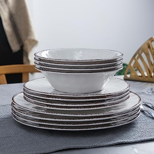 LEHAHA Farmhouse White Melamine Plates and Bowls Set, White dishes Rustic Farmhouse Dinnerware Set, Lightweight Melamine Dishes Set for 4, Perfect for RV, Camper, Dishwasher Safe - color: Soft White