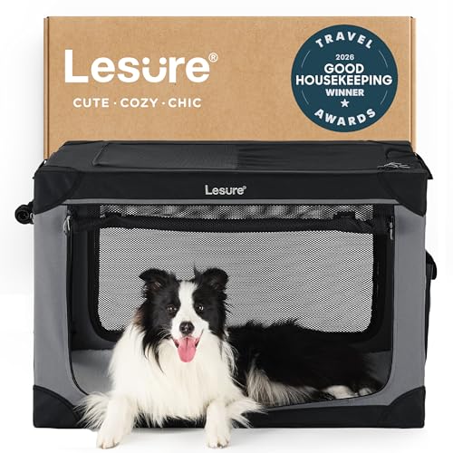 Lesure Shown on TODAY Show Soft Collapsible Dog Crate - 36 Inch Portable Travel Crate for Large Dogs Indoor & Outdoor, 4-Door Foldable Pet Kennel with Mesh Windows, Black - color: Black, size: L - 36"