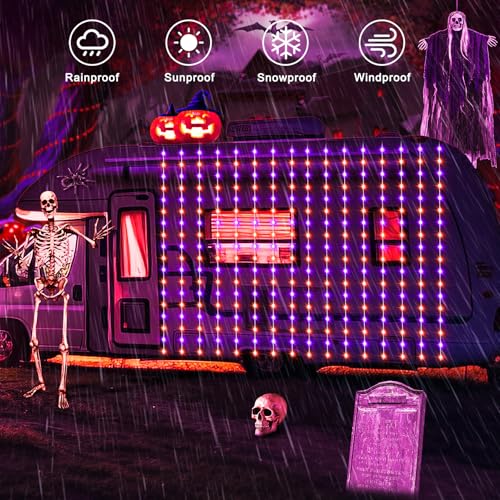 echosari Solar Halloween Curtain Lights Outdoor, 7.9ft x 6ft 144 LED Orange Purple Curtain Lights with 8 Modes Timer Waterproof for Indoor Outdoor Patio Fence Halloween Tree Party Decor - color: Orange & Purple, size: 7.9Ft x 6Ft