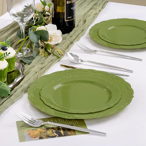U-QE 100PCS Olive Green Plastic Plates - Plastic Green Plates Disposable Heavy Duty - Olive Disposable Plates for Party Including 50PCS 10'' Dinner & 50PCS 7.5'' Dessert Plate - color: Green