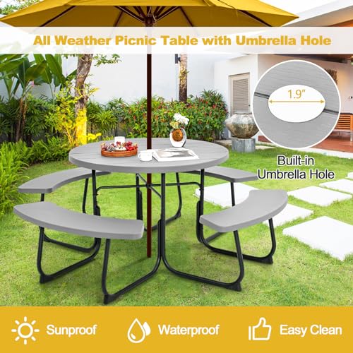 Tangkula 8 Person Picnic Table, Outdoor Round Picnic Table with 4 Built-in Benches, Umbrella Hole, Metal Frame & HDPE Tabletop, Outside Table and Bench Set for Backyard, 2300lbs Weight Capacity - color: Grey