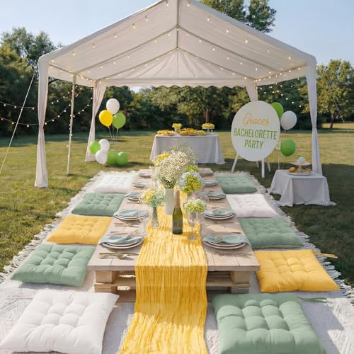 Extra Large Outdoor Picnic Blanket with Table Runner and Floor Pillow Cushion for Picnic Wedding Birthday Baby Shower Backyard Decor(91 x 71'',Light Beige,Yellow,Green,8 Pcs) - color: Light Beige,yellow,green