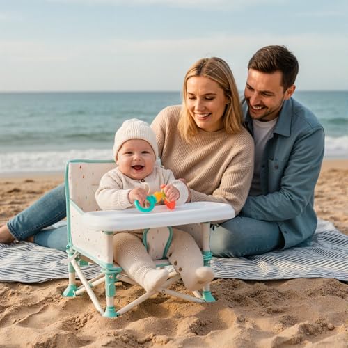 Tiny Marvels 3-in-1 Portable Baby Chair, Foldable Booster Seat with Removable Tray, Safety Harness & Carry Bag for Dining, Travel, Camping, Beach, 6M-3Y (Cream Confetti) - color: Cream Confetti