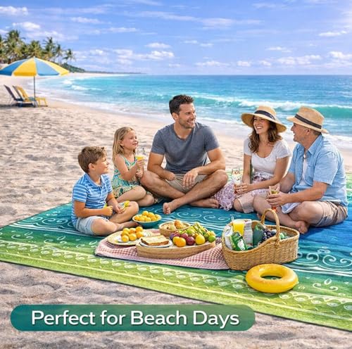 Oversized Beach Blanket (79" x 79") - Sandproof & Waterproof Outdoor Picnic Mat for 4-7 Adults - Lightweight, Foldable & Portable Ground Cover for Travel, Camping, Festivals - color: Blue Lime Ripple
