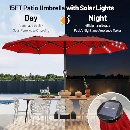 AreShark 15FT Patio Umbrella with Solar Lights, Double Sided Outdoor Table Umbrellas with Crank, Large Rectangular Market Umbrella for Porch, Lawn, Pool, Backyard, Red - color: Red, size: 9x15 Ft