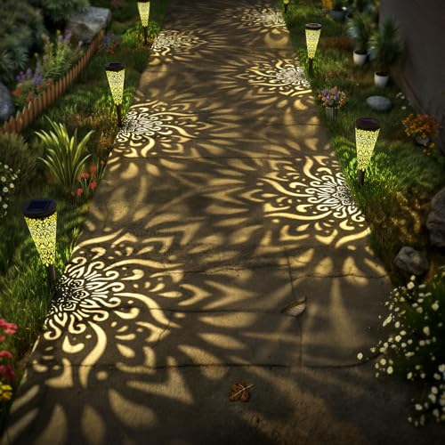 gardencave 6 Pack Solar Lights Outdoor Garden Decorative Mandala Solar Garden Lights with Warm Light Waterproof Solar Pathway Landscape Lights for Path Patio Backyard Walkway Yard Lawn Decor (Black) - color: Black