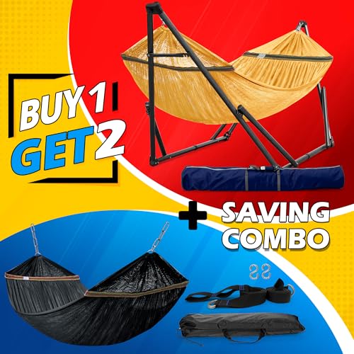 Tranquillo Combo x2 Hammocks with Stand for Outside & Tree Straps, Heavy Duty Hammock with Stand 600lbs for Indoor Outdoor Patio Backyard, x2 Hammocks for 2 Person (Combo - Yellow, Medium) - color: Combo - Yellow