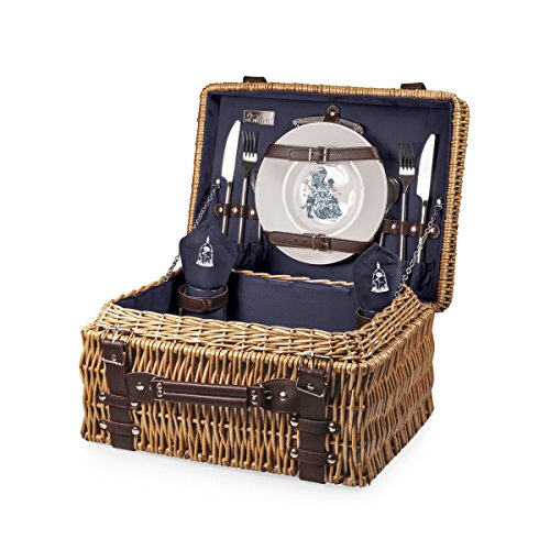 PICNIC TIME Disney Beauty and the Beast Champion Wicker Picnic Basket for 2 with Deluxe Cutlery Service Kit, Large Suitcase Style Picnic Set with Leatherette Handle, (Navy Blue) - color: Disney Princess the Beauty & the Beast - Navy Blue