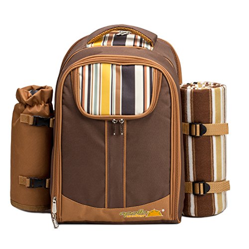 apollo walker Picnic Backpack Bag for 2 Person with Cooler Compartment, Detachable Bottle/Wine Holder, Fleece Blanket, Plates and Cutlery(2 Person, Brown) - color: Brown, size: 2 Person