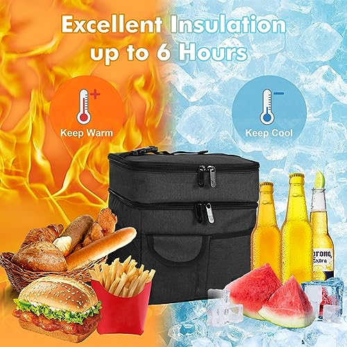Tirrinia Large Insulated Lunch Box for Women Men, Double-Layer Leak-Proof Reusable Lunch Bag with 4 Pockets for Adult, Lunch Bag Cooler Tote for Office Work and Travel,Black - color: Black, size: Large Double Layer-17L