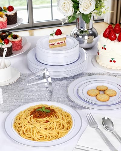 GATHER 700PCS Silver Plastic Plates - Silver Disposable Dinnerware Sets 100 Guest Include 200 Plates, 300 Silverware, 100 Napkins, 100 Cups For Wedding & Party - color: Silver, size: 100 Guests