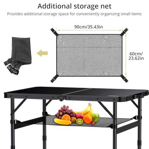 Anbte Folding Camping Table, 36" x 24" Portable Table Adjustable Height Max 28 inch Aluminum Folding Table with Storage Net, Lightweight, Portable Handle for Travel, Outdoor, Backyard (Black) - color: Pure Black, size: 36"L x 24"W x 27.5H"