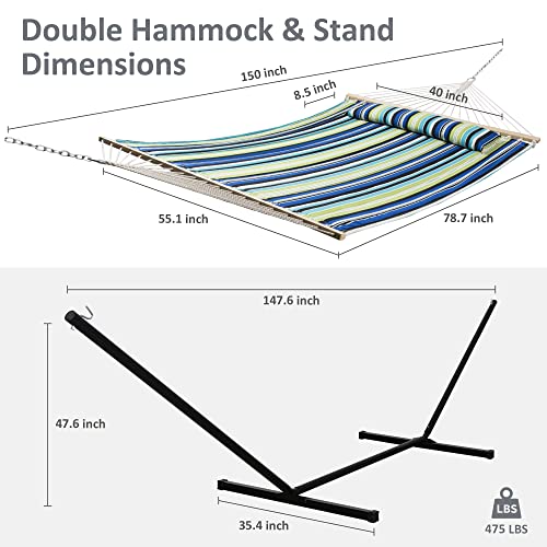 SUNCREAT Hammock with Stand 2 Person Heavy Duty, Freestanding Hammock with Spreader Bar, Soft Pillow, Green Stripes - color: Green&blue, size: 12 ft Stand