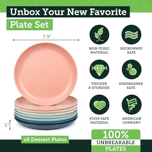 Grow Forward Premium Wheat Straw Plates - 8 Inch Reusable Hard Plastic Dinner Plates Set of 8 - Unbreakable Microwave Safe Plates for Dessert, Camping, RV, Outdoors, Patio, Kitchen Dishes - Tropical - color: Tropical, size: 8 inch